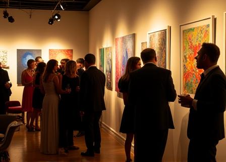 Besucher betrachten Kunstwerke in der Lounge