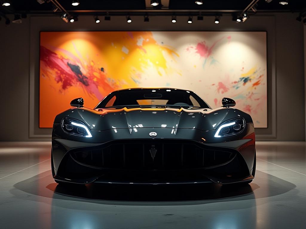 Ein hochglanzpolierter Sportwagen steht vor einer abstrakten Kunstwand in einer modernen Galerie