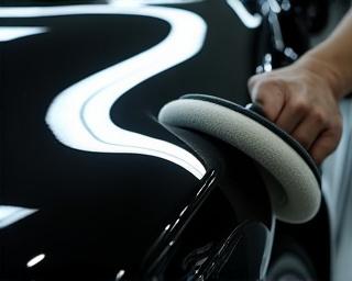 Detailaufnahme einer Poliermaschine auf schwarzem Lack